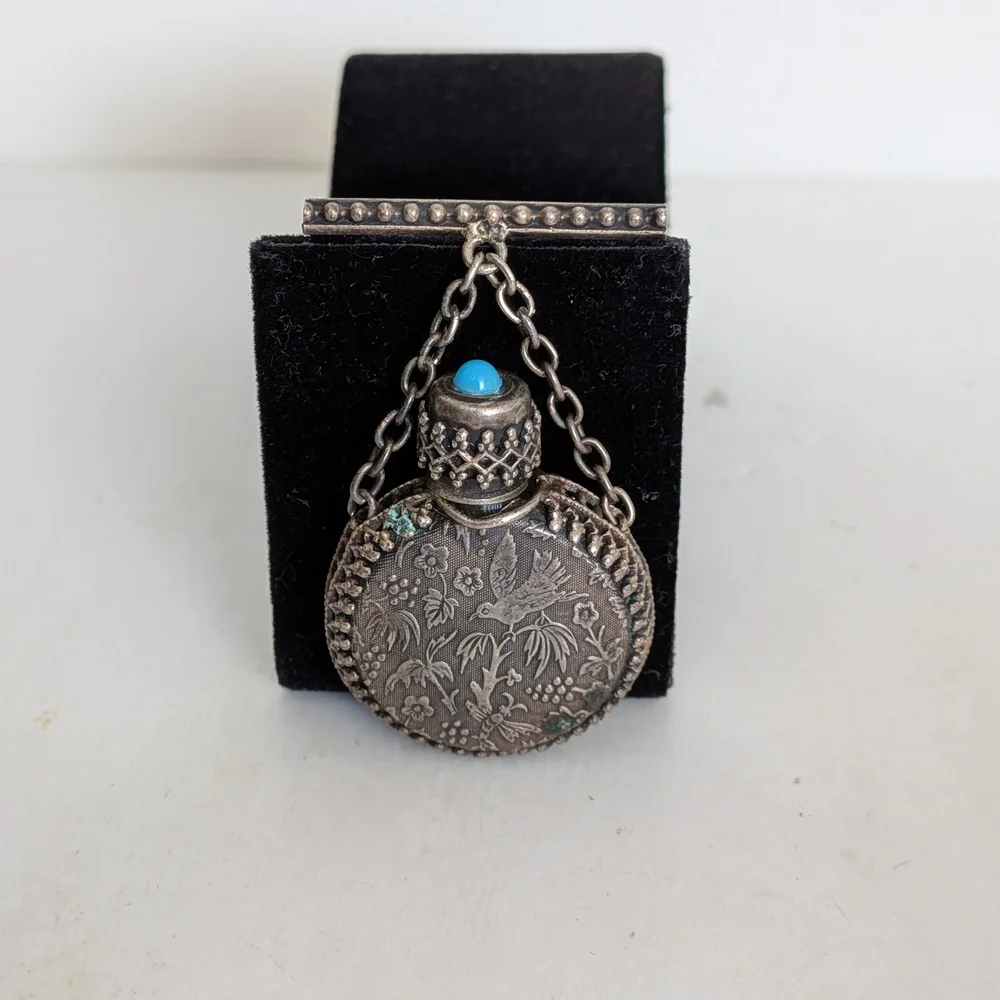 Vintage Victorian Silver Perfume scent Bottle Brooch metal Filigree Turquoise - Picture 1 of 8